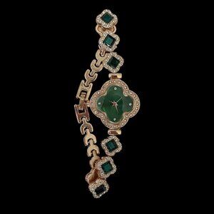 Rose gold plated green crystal gems bracelet watch